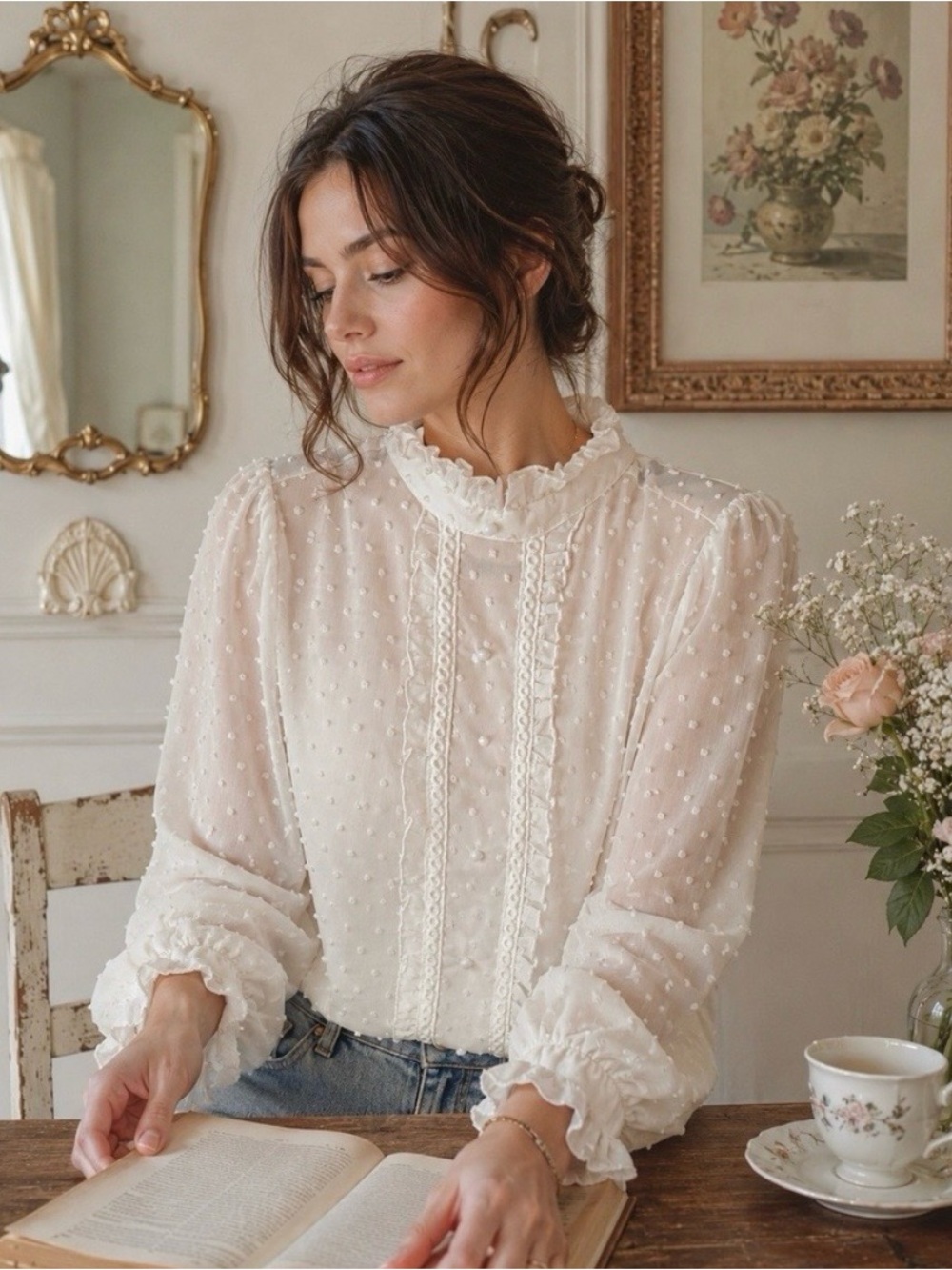 Women’s Victorian White Swiss Dot Ruffle Neck Blouse
